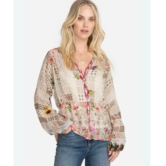 Johnny Was Fawn Beige Button Up Mixed Floral Boho Peasant Blouse Size M Tunic - Picture 2 of 13